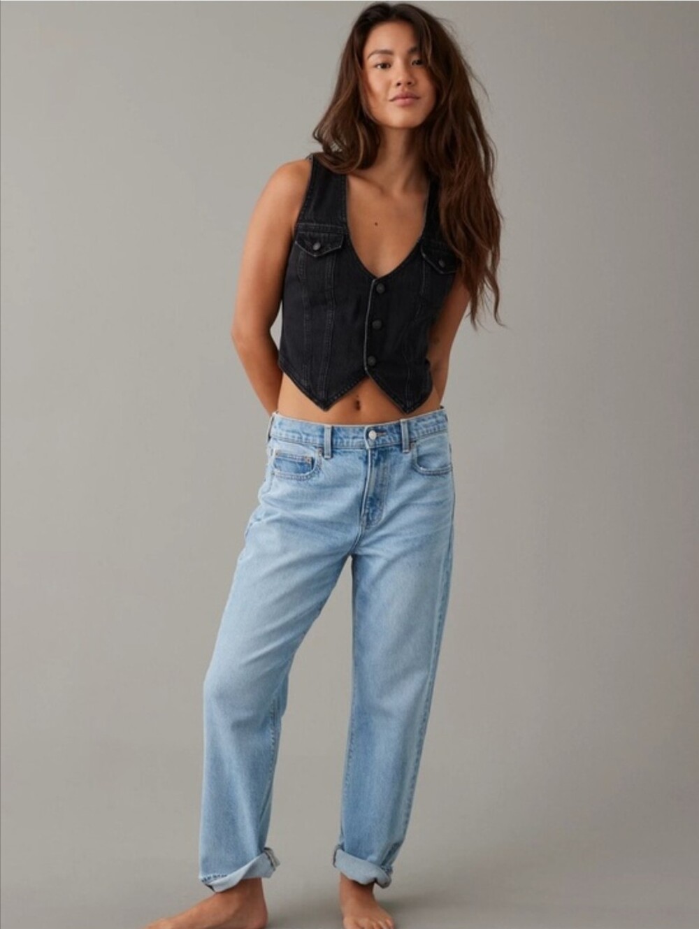 American Eagle Black Denim Crop Vest Size XS NWT - Picture 2 of 7